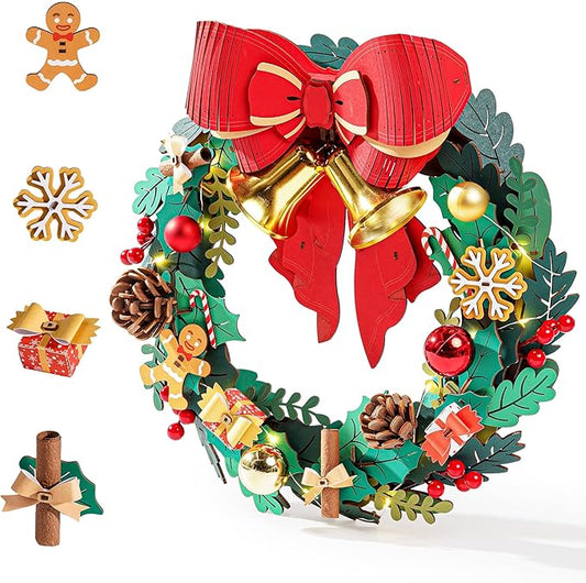 Rolife 3D Puzzles for Adults Christmas Wreaths for Front Door, Artificial Eucalyptus Wreath for All Seasons, Indoor and Outdoor Wreath with Red Bow&Golden Bell, LED for Christmas Decor (16in, 252pcs)