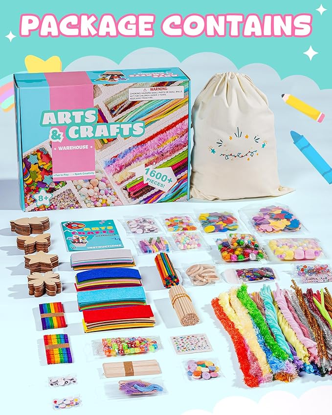 Wowood Arts and Crafts Kit for Kids - Over 1600 Pieces of DIY Craft Supplies! Creative Hobby Fun Activity Toys & Perfect Gifts for Girls and Boys Ages 8-12 to Spark Imagination and Joy(PA002)