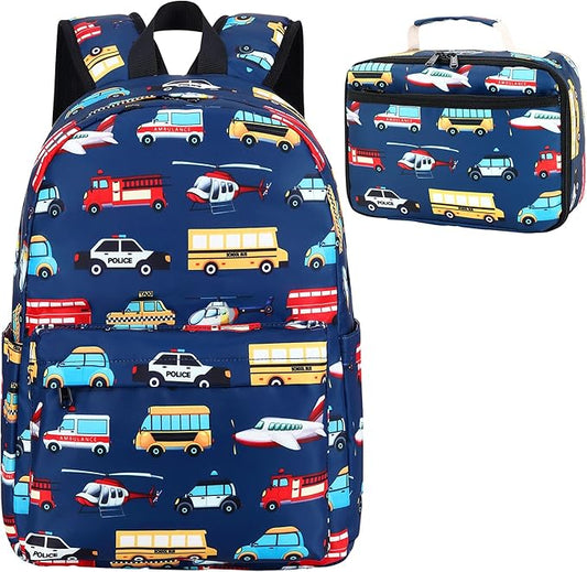 Kids School Backpack with Lunch Box for Boy Kindergarten BookBag School Bag Preschool Kindergarten Toddler Backpack (Car Airplane Pattern-Navy)