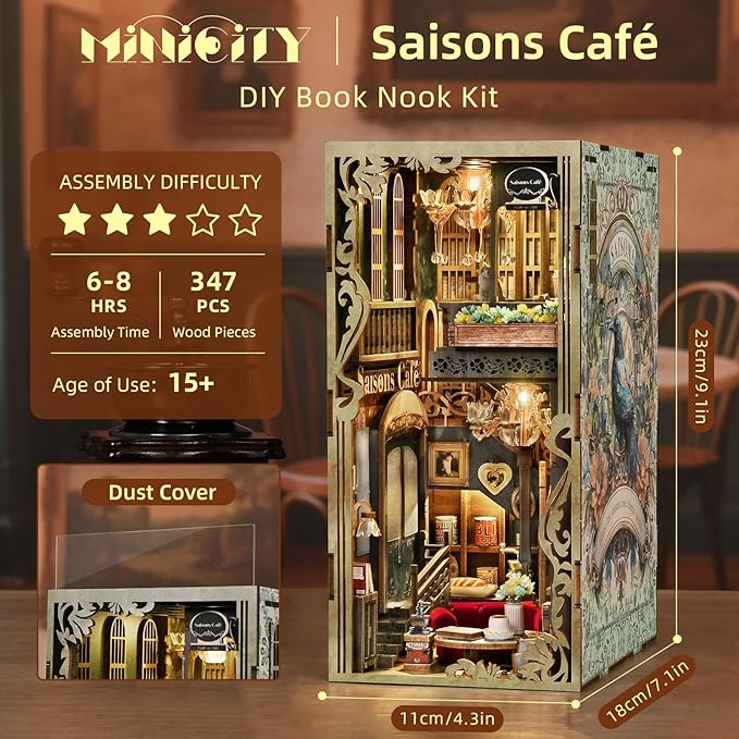 Book Nook Kit, DIY Doll House Booknook, Miniature Kit for Bookshelf Doll Houses for Adults Teen Halloween, 3D Wooden Puzzle Bookends with Led Light and Dust Cover (Saisons Café)