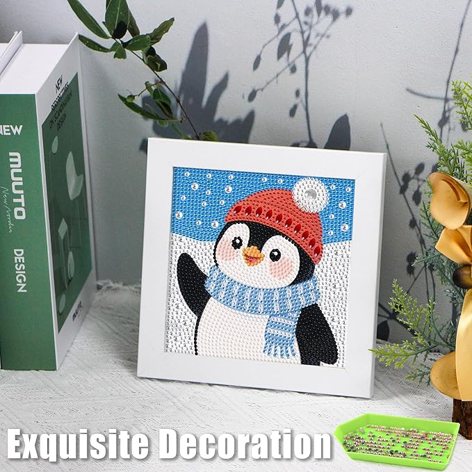 geesfayan Diamond Art Kits for Kids Ages 8-12,6 Inch DIY Gem Art Painting with 7 Inch Frame, Complete Starter Kit for Beginners, Creative Arts & Crafts Gift for Girls & Boys (Christmas Penguin)