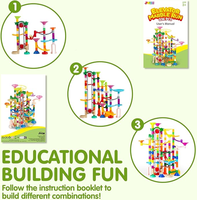 JOYIN 236Pcs Glowing Marble Run with Motorized Elevator- Construction Building Blocks Toys with 30 Glow in The Dark Plastic Marbles, STEM Toy for Boys and Girls Gift for Christmas