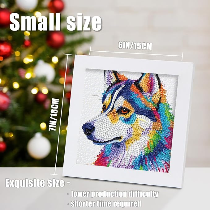 geesfayan Diamond Art Kits for Kids Ages 8-12,6 Inch DIY Gem Art Painting with 7 Inch Frame, Complete Starter Kit for Beginners, Creative Arts & Crafts Gift for Girls & Boys (Husky)