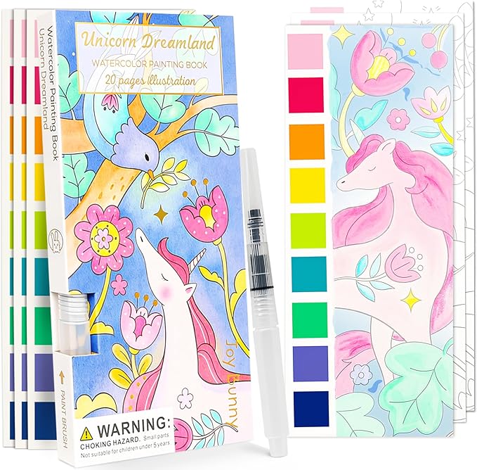 Watercolor Painting Coloring Books Pocket Watercolor Paint Bookmarks, Mess Free Paint with Water Set, Travel Class Activities Art Party Favors Exchange Birthday Gifts for Kids (Unicorn Dream)