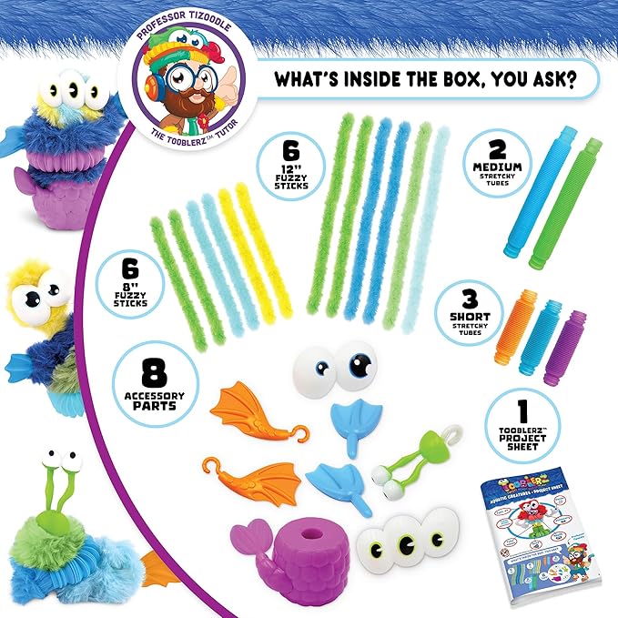 WeVeel TOOBLERZ Aquatic Creaturez Large Set – 26-Piece Mix-and-Match Craft Kit for Kids – Includes Fuzzy Chenille Sticks, Fidget Tubes & Character Accessories – Creative Toy for Ages 6+