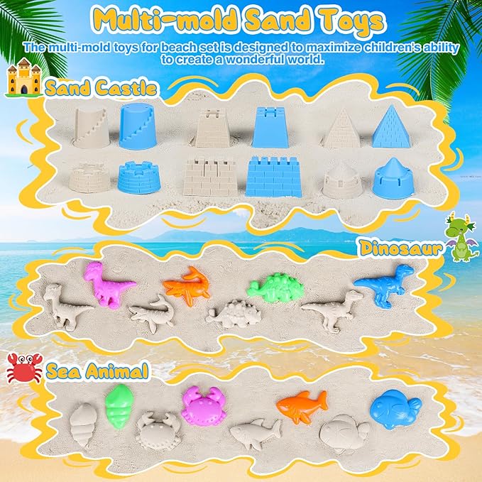 Beach Sand Toys, Sandbox Toys for Kids Family Sharing Set, Sand Castle Kit with 4 Beach Buckets and 4 Shovel Tools & Sand Molds, Travel Beach Toys for Toddlers Boys Girls Age 4-12