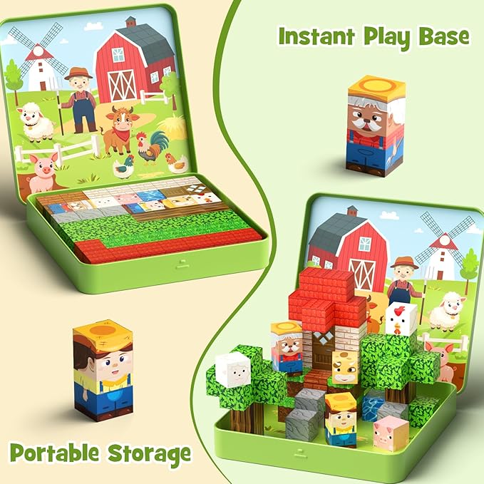49 Pcs Farm Animals Magnetic Building Blocks Set for Toddlers 3-5, Travel Toys with Iron Storage Box, Magnetic Tiles & Cubes for Kids Ages 4-8, STEM Learning, Portable Play Base for Car Plane Trips