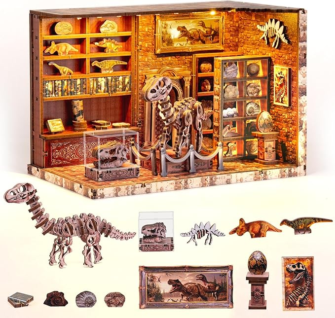 Book Nook Kit,3D Wood Puzzle LED Light DIY Miniature House Kit for Adults,Teens and Beginners, Dollhouse Bookshelf Decor Tiny Houses to Live in for Adults,Gifts for Family,Friends(Dinosaur Museum)