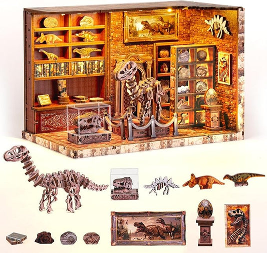 Book Nook Kit,3D Wood Puzzle LED Light DIY Miniature House Kit for Adults,Teens and Beginners, Dollhouse Bookshelf Decor Tiny Houses to Live in for Adults,Gifts for Family,Friends(Dinosaur Museum)