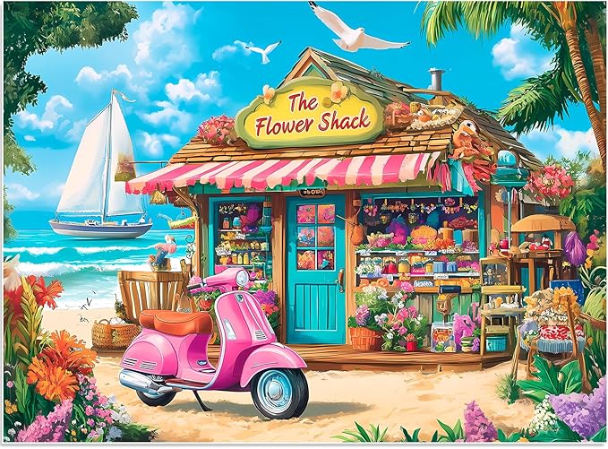 500 Pieces Puzzle for Adults, Beach House Flower Puzzle, Recycled Cardboard Jigsaw Puzzles 500 Pieces, Challenging Puzzles Game Home Art Decor Birthday Party Gift Toy for Teens Seniors 20.5 * 15 inch