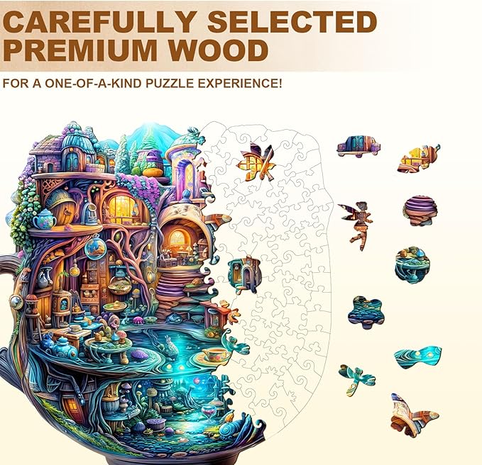 Wooden Puzzles for Adults - 200 Pieces Enchanted Teapot Puzzle - Unique Shapes Wooden Jigsaw Puzzles for Adults - Eco-Friendly Home Office Decor (M-11.4 * 10.8in)