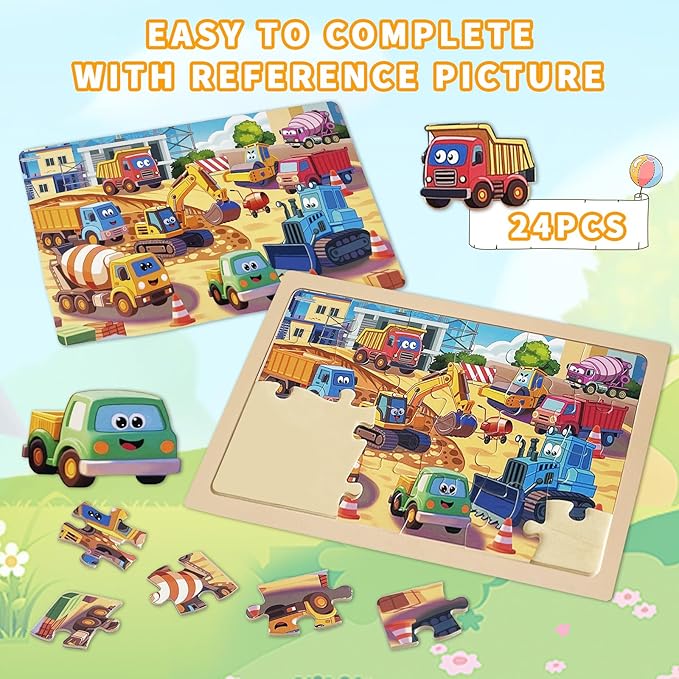 Wooden Puzzles for Kids Ages 4-6, 4 Packs 24 PCs Jigsaw Puzzles Preschool Educational Toys Gifts for Children Ages 3-8, Kids Puzzle for 3+ Year Olds Boys Girls