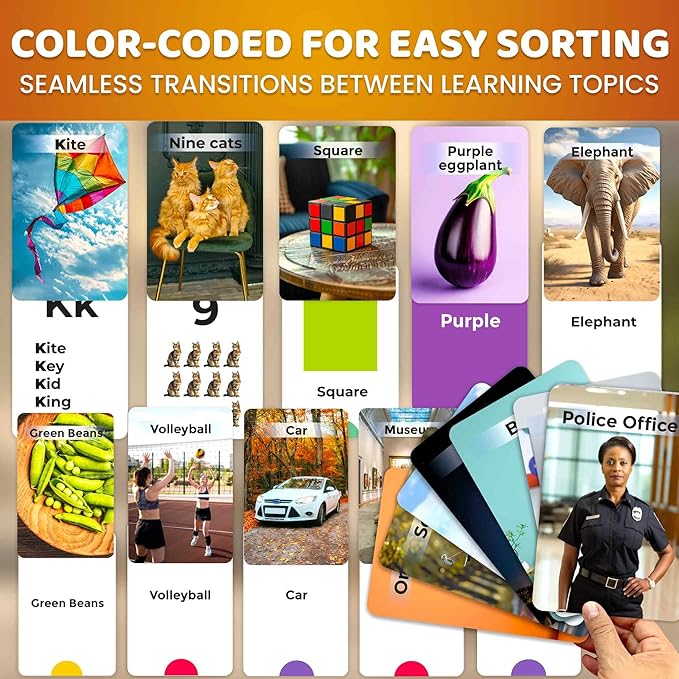 QUOKKA 260 Flash Cards for Kids Ages 3-5 with Realistic Images – Pre K Flash Cards Age 4-5 for Toddlers & Preschool, Alphabet, Numbers, Shapes, etc with 30 Learning Activities Color-Coded for Sorting