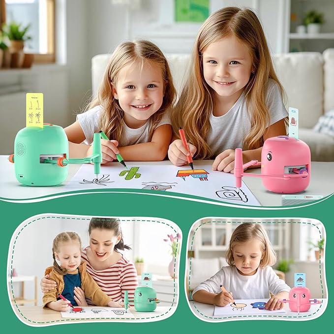 Interactive Educational Drawing Robot for Kids - Montessori Learning Toy with 100 Word Cards, Voice Interaction, Ages 5+ (Green)