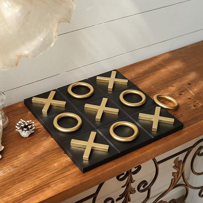 NIKKY HOME 12x12 Inch Tic Tac Toe Wood Game Board Classic Coffee Table Decor Modern Wooden Travel Game for Family, Black & Gold