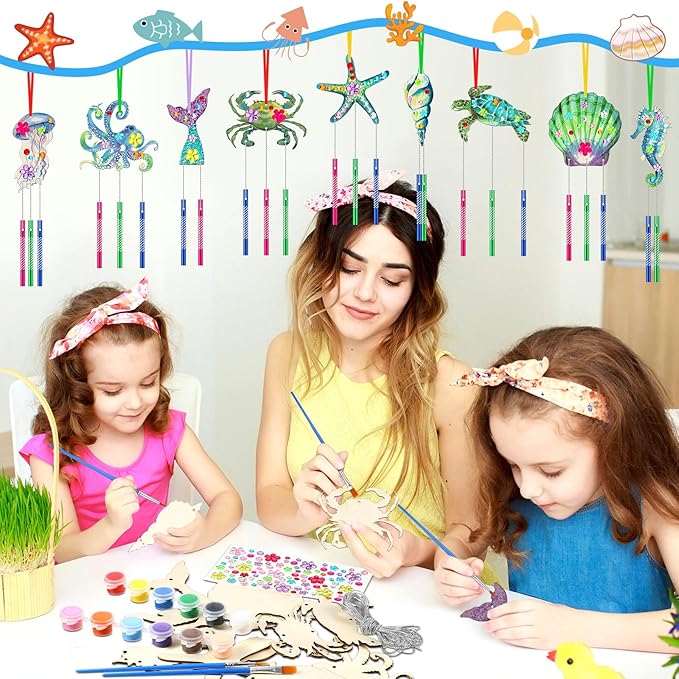 30 Pack Summer Ocean Wind Chime Kit for Kids, Sea Animals Beach Crafts DIY Make Your Own Marine Creature Shell Whale Wind Chime Ornaments for Home Classroom Activity Birthday