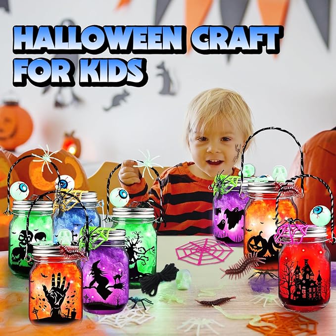 Shemira Halloween Craft Kit for Kids, 12 pcs Glass Mason Jar with Accessories for DIY Lantern Jar, Halloween Art & Craft Party Supplies, Halloween Art Activities, Crafts and Arts Party Supplies