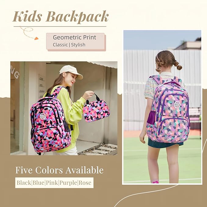 3Pcs Geometric Print Girls Boys Backpack Set for School Kids, Multi-Pocket Elementary School Backpack for Girls