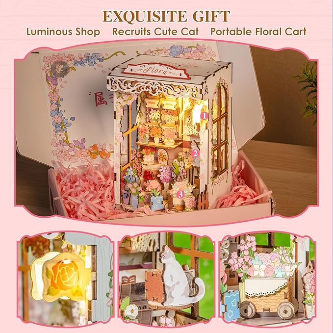 MOMIBOOK Book Nook Kit 153 Pcs DIY Miniature Dollhouse Kit for Adults, 3D Wooden Puzzle Mini Booknook Bookend Bookshelf Decor, Tiny House Model, Party Christmas Birthday Gifts, Flower Shop Cabin