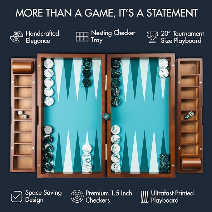 20 Inch Large Backgammon Sets for Adults, Green Backgammon Board, Solid Wood. Removable Accessory Tray, Premium 1.5 Inch Checkers & Dice Set, Backgammon Game Set Backgammon Table