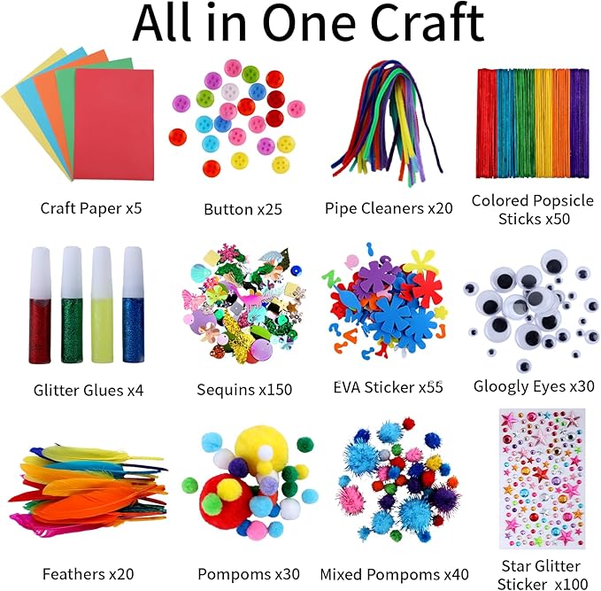 Qukou Arts and Crafts Supplies Kit for Kids- 550+ DIY Art Kit with Glitter Glue, Gem Stickers, Pompoms & Tools in Storage Jar Portable Travel Crafts for Ages 4+ Birthday, Christmas (Art Deco)