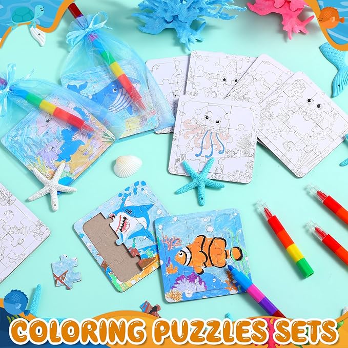 12 Sets Sea Animal Puzzles Summer Color Your Own Puzzles DIY Ocean Jigsaw Crafts with 12 Stackable Crayons and 12 Bags for Ocean Theme Gifts Birthday Party Supplies(12, Sea)