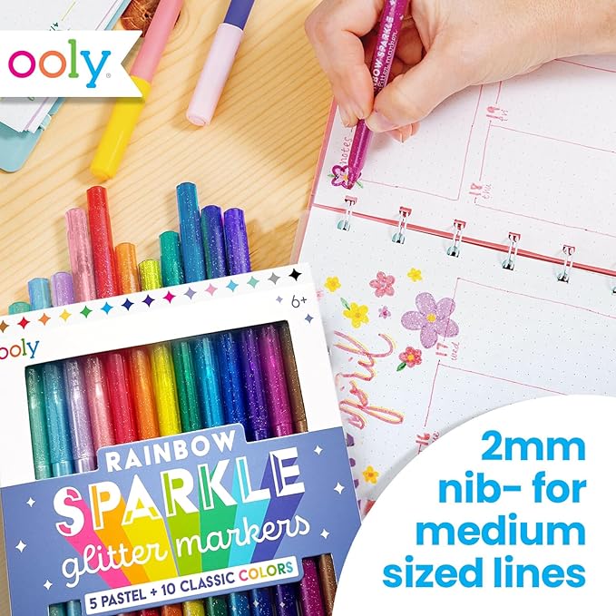 Ooly Rainbow Sparkle Glitter Markers Set of 15, Includes 5 Pastel & 10 Classic Color Markers, Glittery & Sparkling Marker for Kids, 2mm Nib for Medium Sized Lines - GLITTER VARIETY PACK