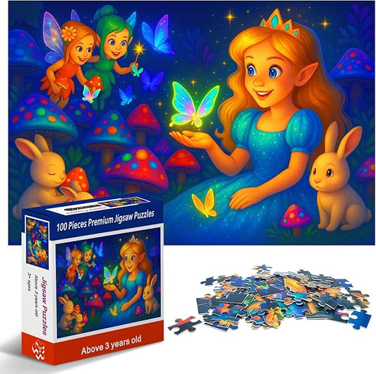 100-Piece Fairy Princess Puzzle for Kids Ages 4-6 6-8 8-10, Magical Forest Jigsaw with Elves, Bunnies & Glowing Butterflies –Educational Toys and Birthday Gift for Girls and Boys