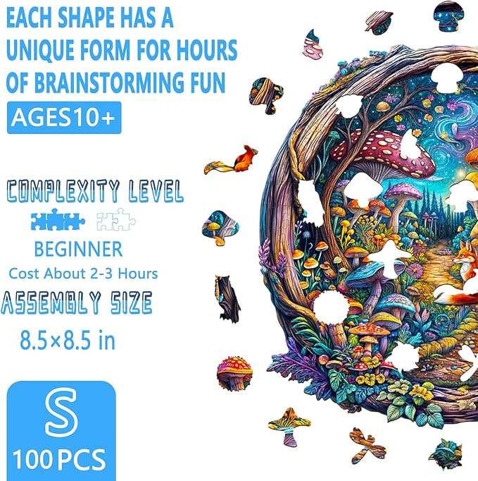 Wooden Puzzles for Adults, Colorful Mushroom Forest Wooden Jigsaw Puzzles for Adults, 3D Vision Effects Wood Puzzles Adult 100 Pieces, Unique Shape, Gifts for Friends, Wall Art Canvas (S-8.5 * 8.5in)