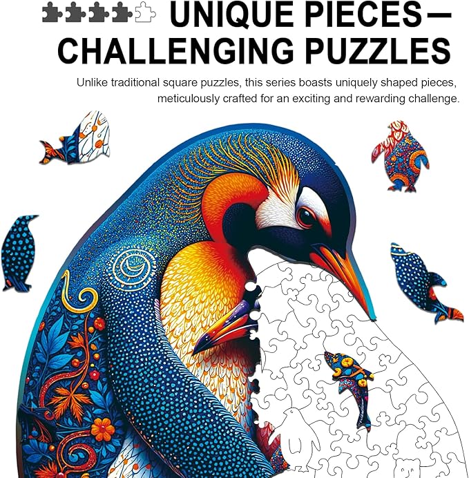 Wooden Puzzles for Adults Penguin Family Puzzle - Laser-Cut Unique Shaped Stress Relief Jigsaw Puzzle, Wall Art Home Decor Gift for Family (11.2"×10.2" 200pcs)