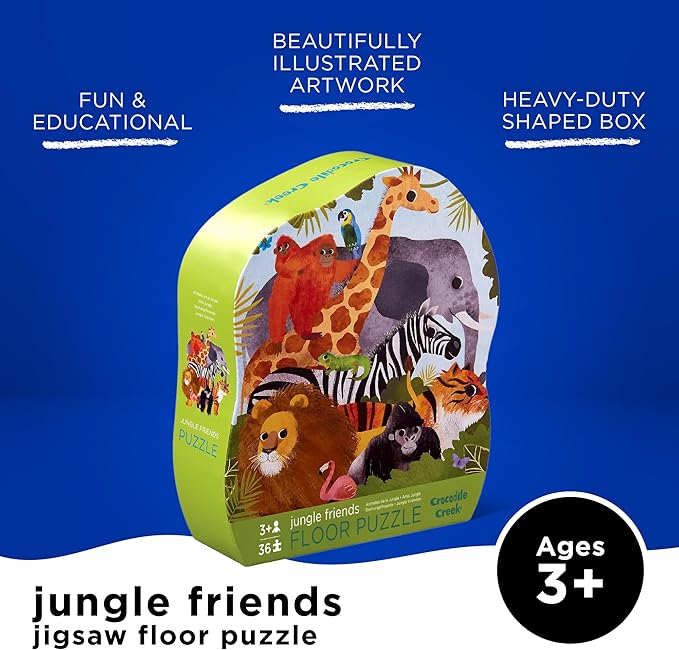 Crocodile Creek 36-Piece Jigsaw Floor Puzzle - Fun Floor Puzzles for Kids Ages 3-5 - Heavy-Duty Shaped Box for Storage - Jungle Friends - 27" W x 20" H Finished