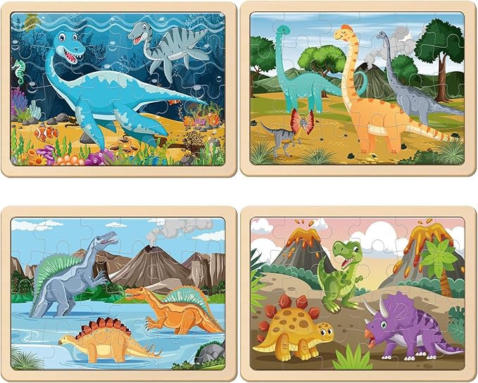 Puzzles for Kids Ages 4-6, 4 Pack Wooden Jigsaw Puzzles with 24 Pieces Each, Dinosaur Puzzle Preschool Educational Learning Toys Set for Boys and Girls