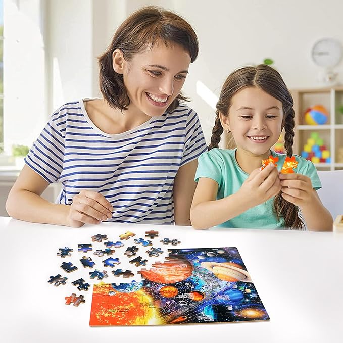 LELEMON 100 Pieces Jigsaw Puzzles for Kids Ages 4-8 Solar System Planets Jigsaw Puzzle for Kids Boys Girls Children Learning Educational Puzzles in a Metal Box Pack Toy