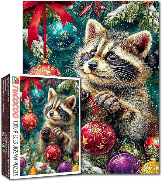 Christmas Eve 1000 Piece Jigsaw Puzzles for Adults Raccoon Playing with Xmas Balls Painting Jigsaw Puzzle 1000 Animal/Wildlife Puzzles 20''x27”inch DIY Craft Puzzle Art Wall Decor Family Challenging
