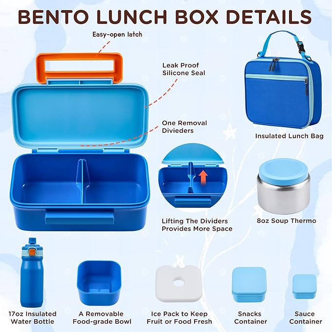 Bento Lunch Box for Kids With 8oz Thermo, Leakproof Bento Box with with 2 Compartments, Insulated Bottle, Lunch Bag, BPA Free Dishwasher Safe for School Girls Boys (Blue)