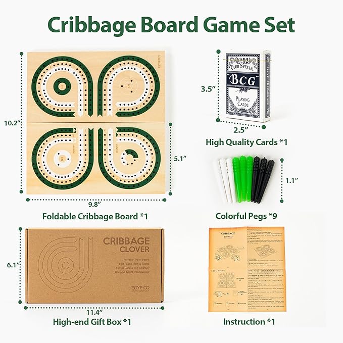 Foldable Wooden Cribbage Board Set, Unique 3-Track Travel Board with Storage & Magnetic Closure, 9 Multi-Colored Pegs, Full Playing Card Deck, Portable Family Game for Adults, Kids, Gatherings & Gifts