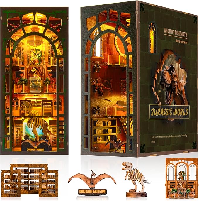 Book Nook Kit - DIY Booknook with LED Lights - 3D Wooden Puzzle for Adults - Bookshelf Insert Decor - Educational Gift for Family & Friends(Dinosaur Museum)