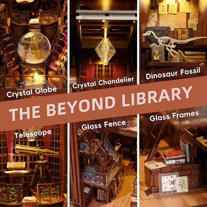 DIY Book Nook Kit for Adults, 3D Wooden Puzzle Bookend Bookshelf Insert Decor with LED Light and Dust Cover (Beyond Library)