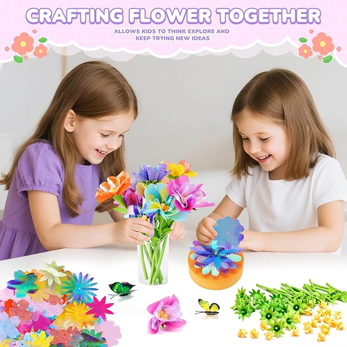 Fabric Flower Bouquets Toys - Flower Making Kit for Kids - DIY Flower Craft Kit, Gifts for 3 4 5 6 7 8 9 10 11 12 Year Old Girls, Preschool Learning Educational Activity Birthday Gifts Party Favors