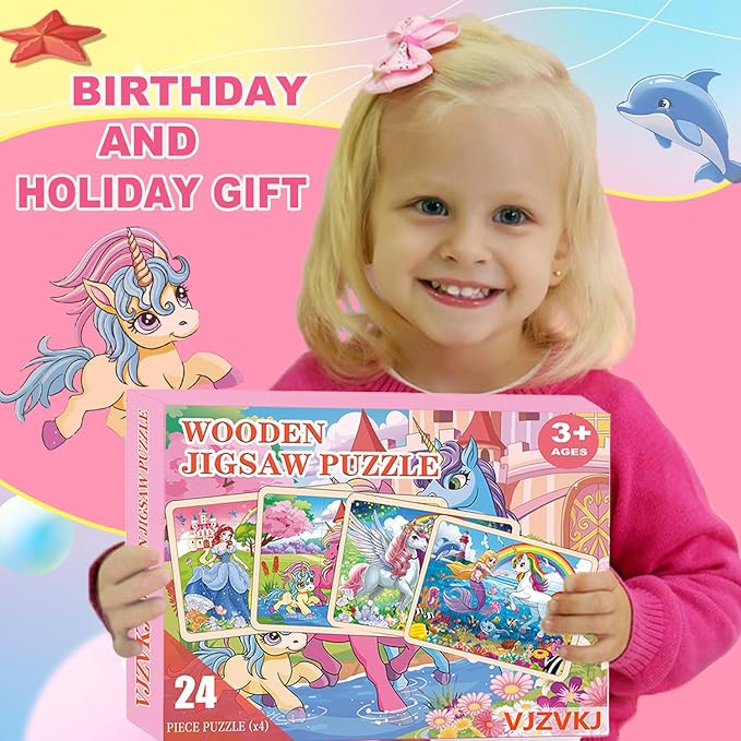Wooden Puzzles for Kids Ages 4-6, Large 24 PCs Unicorn Mermaid Princess, Jigsaw Puzzles for Kids Ages 3-5, Preschool Educational Learning Toy for Boys and Girls