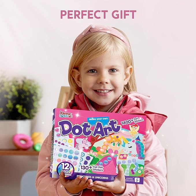 Klever Kits Dot Art Kit for Kids, No Mess Sticker for Toddlers 3-7, Craft Kits, DIY Creative Activity, Travel Toy, Birthday Presents for Boys Girls (Unicorns & Princess)