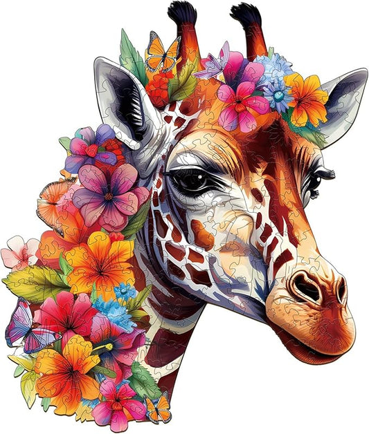 Wooden Puzzles for Adults, Flowers and Giraffes (S-85pcs) Wooden Jigsaw Puzzles Kids, 8.3 * 7in Unique Shaped Animal Wood Puzzles Adults, Xmas Christmas Puzzles Birthday Gift Family Game