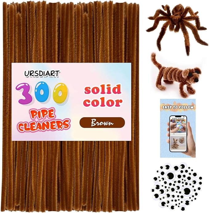 URSDIART (350pcs/Set) Brown Pipe Cleaners and Wiggle Eyes, Solid Color Halloween Chenille Stems Pipe Cleaners Bulk 12 Inch Pipe Cleaners for Crafts DIY Creative, Christmas Decoration Art Supplies