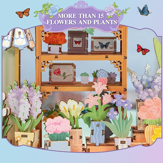 MOMIBOOK Book Nook Kit, 440 PCS DIY Miniature Dollhouse Kit for Adults, 3D Wooden Mini Puzzle Booknook Bookend Bookshelf Decor, Tiny House Model, Christmas Birthday Gifts, Fragrance Florist