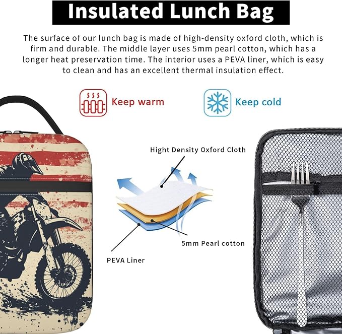 Dirt Bike Lunch Bag for Women Men Adults, Insulated Lunch Box for Work, Sports, Travel, Picnic,Hiking, Fishing, Motocross American Flag Theme Lunchbox Gifts
