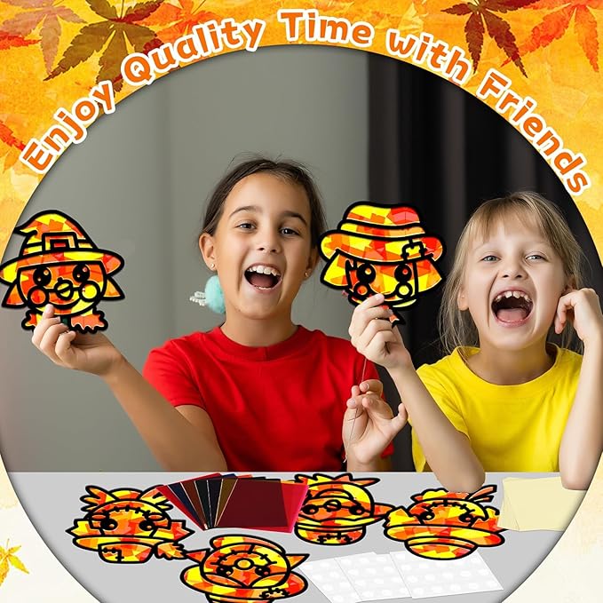 QOUBAI 32 Sets Fall Scarecrow Suncatchers Craft Kit DIY Window Stained Glass Effect Autumn Scarecrow Paper Crafts Home School Classroom Decoration Kid Birthday Gift Creative Art Project Activity Game
