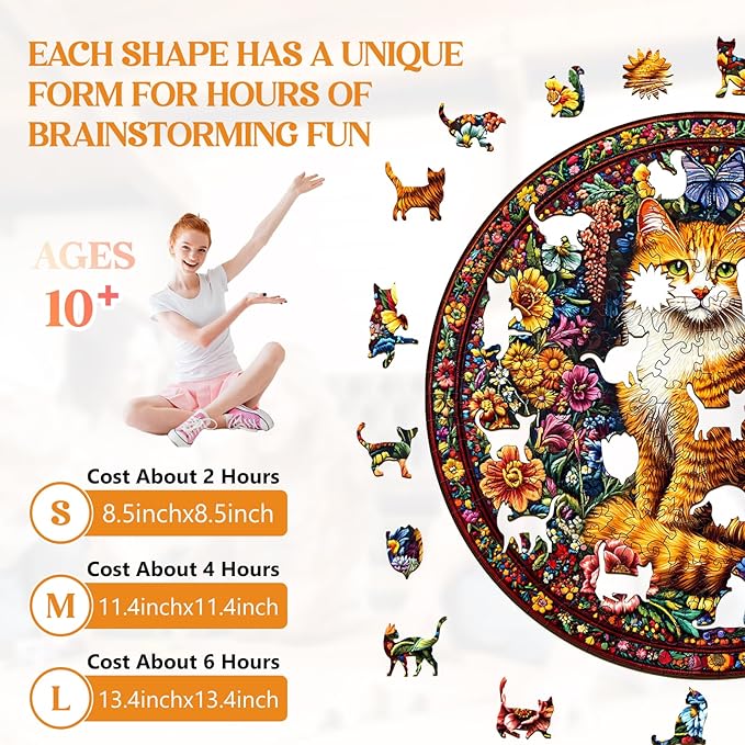 Wooden Puzzles for Adults, Wooden Jigsaw Puzzles for Adults Kids, Floral Feline Unique Shaped Wood Puzzles Adult, Creative Birthday Gifts for Friends Family Game(11.4 * 11.4in 200pcs)