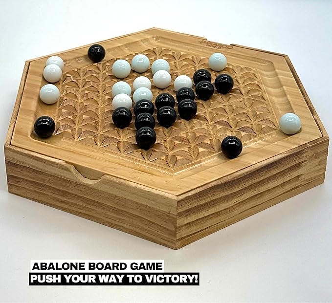 Abalone Board Game - Marble Strategy Game - 2 Player Games - Marble Chess Game - Intellectual Chess Board Game - Strategy Games for Adults - Wooden Board Games 28 Black & White Marbles