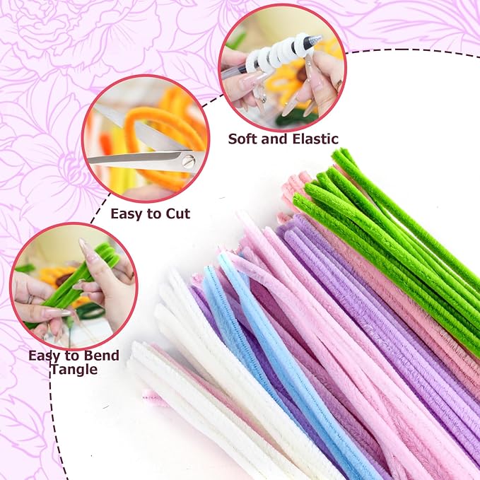 Pipe Cleaners Craft, Multi-Colored Pipe Cleaners Kit, Chenille Stems for DIY Flower Making Kit with Floral Wires, Come with Flower Base, Ideas for Party & Home Decor (A14)