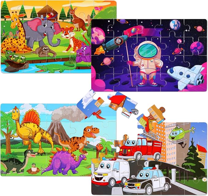 Wooden Puzzles Toys for Kids Ages 3-5, Set of 4 Packs Dinosaur, Space, Transportation Wood Toddler Puzzles, Preschool Brain Teaser Toys for Boys and Girls 2 3 4 5 6 Years Old